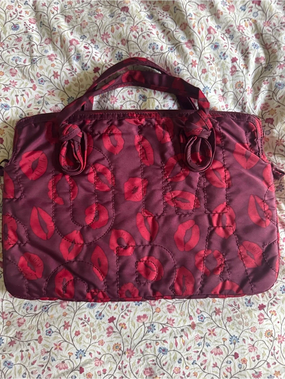 Marc By Marc Jacobs Burgundy Quilted Satchel with Red Lip Print 15”x10.5”